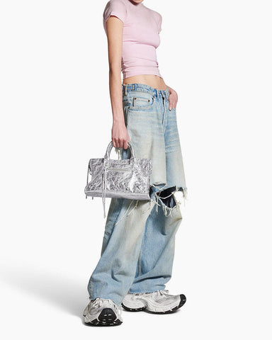 Vespera Metallized Lambskin Silver Tote Bag