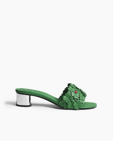 Women’s Green Floral Appliqué Mirrored Block Heel Slide Sandals