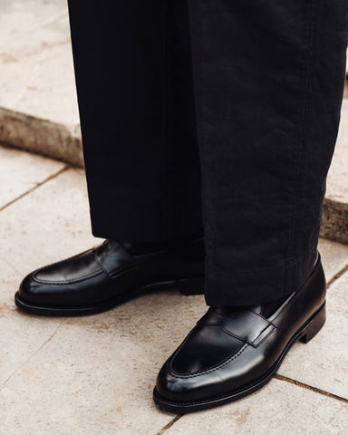 Men’s Polished Black Leather Penny Loafers with Low Heel