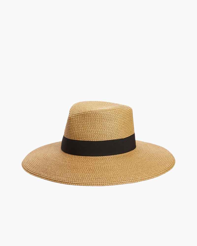 Wide Brim Woven Straw Fedora Sun Hat with Black Band