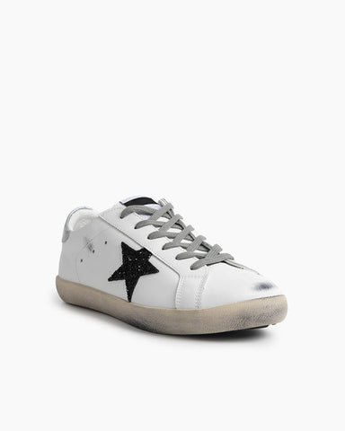 Women's Vintage Look White Skate Sneakers with Black Glitter Star