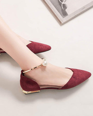Pearl Buckle Pointed Toe Flat Loafers