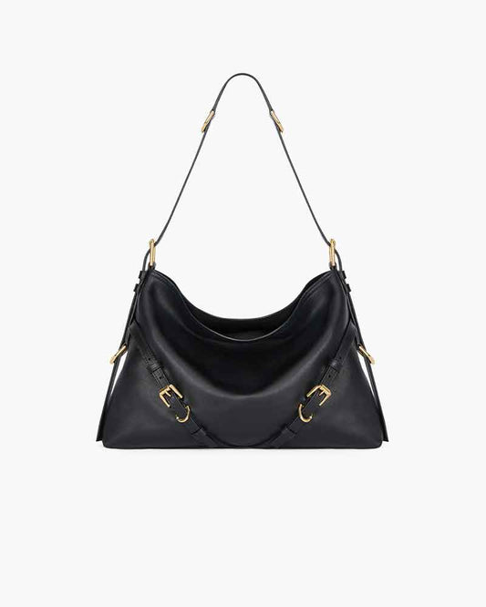 Shiny Calfskin V Hobo Bag Adjustable Strap Gold Hardware