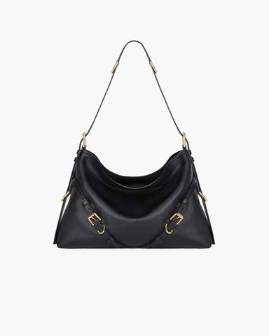 Shiny Calfskin V Hobo Bag Adjustable Strap Gold Hardware