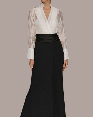 (Pre-sale) Long Sleeve Layered Wrap-effect Gown Dress