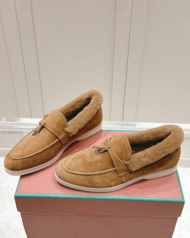Suede and Shearling Fur Charms Walk Loafers