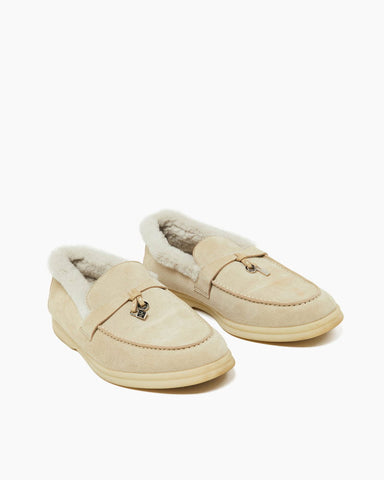 Suede and Shearling Fur Charms Walk Loafers