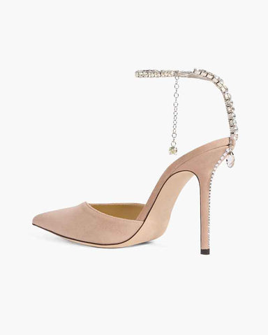 Women's Blush Suede Pointed Toe Pumps with Crystal Ankle Strap