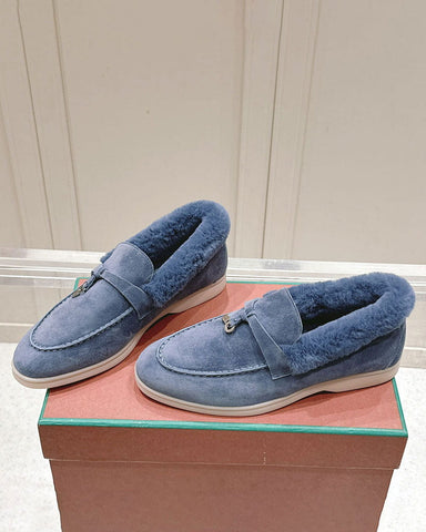 Suede and Shearling Fur Charms Walk Loafers