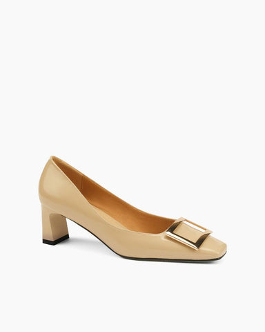 Gold Square Buckle Square Toe Patent Pumps