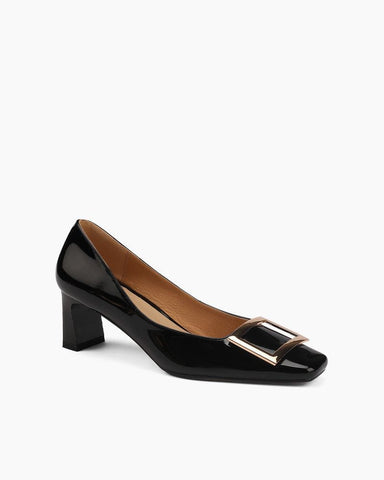 Gold Square Buckle Square Toe Patent Pumps