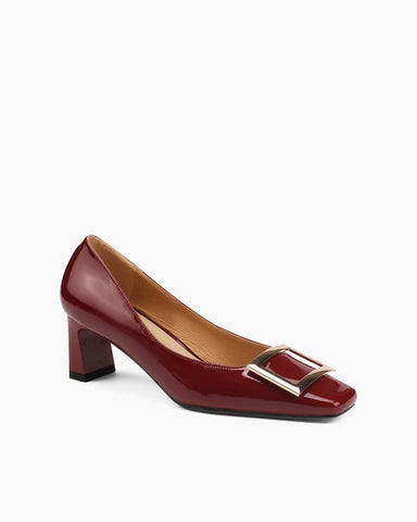 Gold Square Buckle Square Toe Patent Pumps
