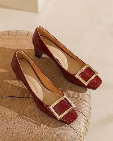 Gold Square Buckle Square Toe Patent Pumps