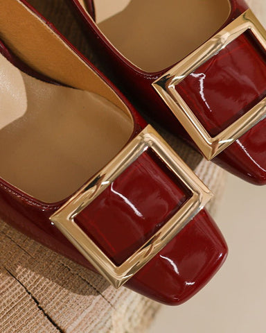 Gold Square Buckle Square Toe Patent Pumps