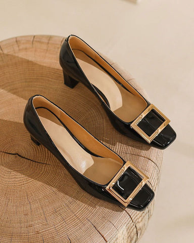 Gold Square Buckle Square Toe Patent Pumps