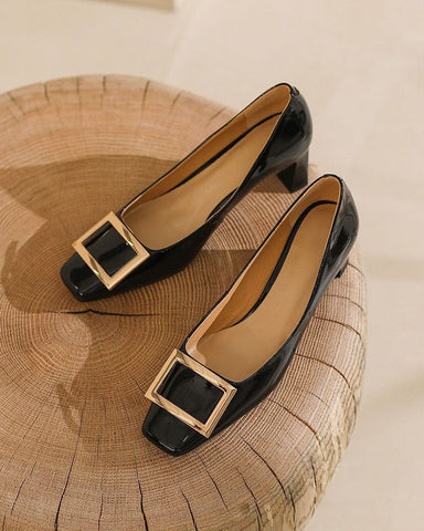 Gold Square Buckle Square Toe Patent Pumps