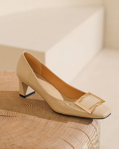 Gold Square Buckle Square Toe Patent Pumps