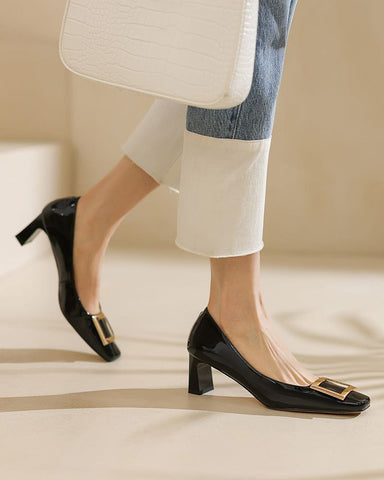 Gold Square Buckle Square Toe Patent Pumps
