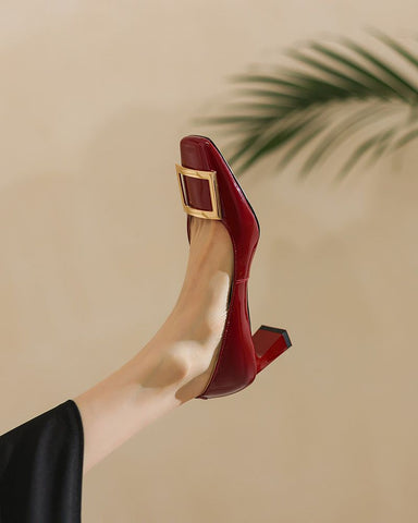 Gold Square Buckle Square Toe Patent Pumps