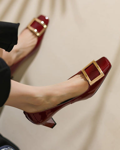 Gold Square Buckle Square Toe Patent Pumps