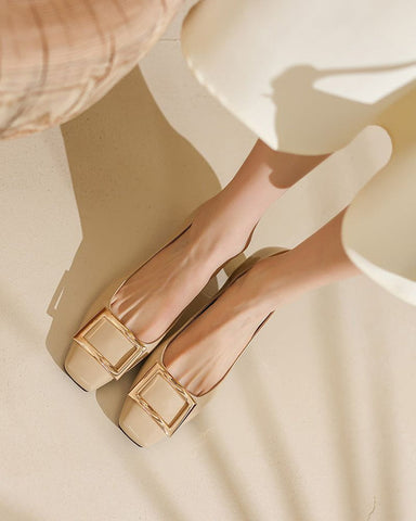 Gold Square Buckle Square Toe Patent Pumps