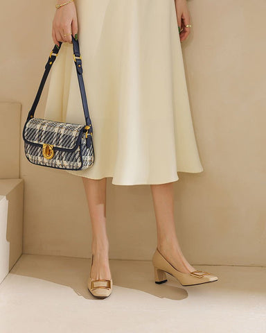 Gold Square Buckle Square Toe Patent Pumps
