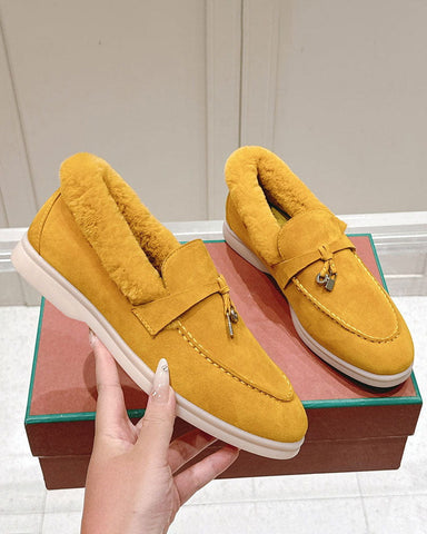 Suede and Shearling Fur Charms Walk Loafers