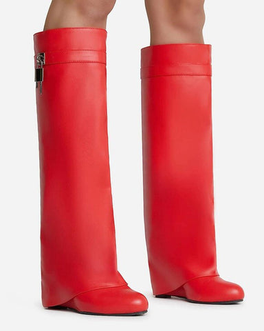 Decorative Lock Knee High Fold Over Boots