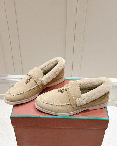 Suede and Shearling Fur Charms Walk Loafers