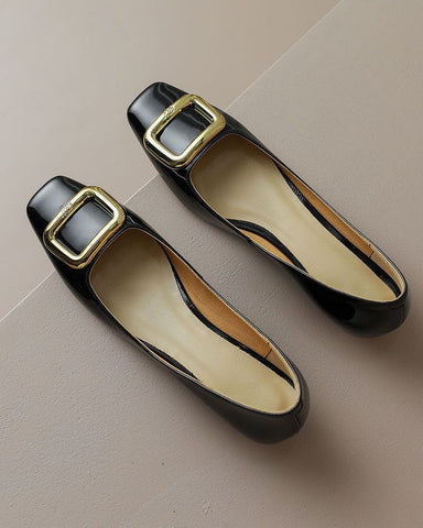 Gold Square Buckle Patent Leather Loafers