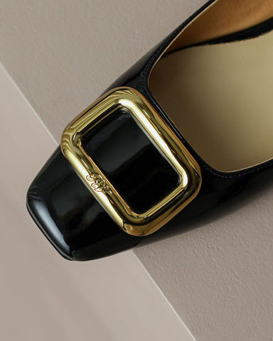 Gold Square Buckle Patent Leather Loafers
