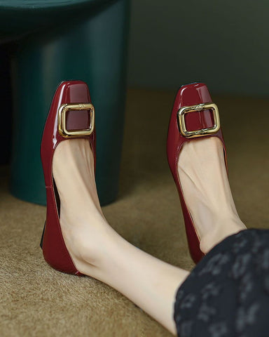 Gold Square Buckle Patent Leather Loafers