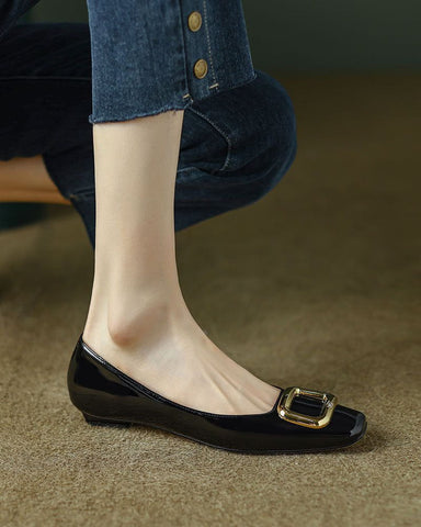 Gold Square Buckle Patent Leather Loafers