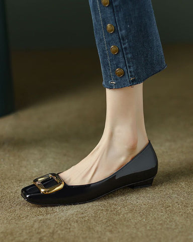 Gold Square Buckle Patent Leather Loafers