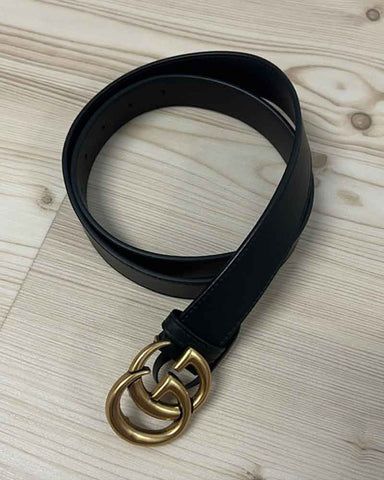 Women's Black Smooth Leather Belt with Brass Double G Buckle