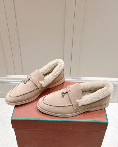 Suede and Shearling Fur Charms Walk Loafers