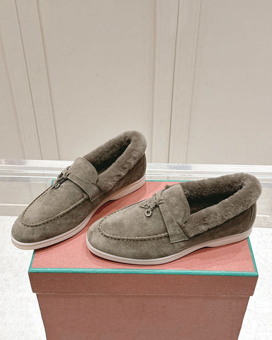 Suede and Shearling Fur Charms Walk Loafers
