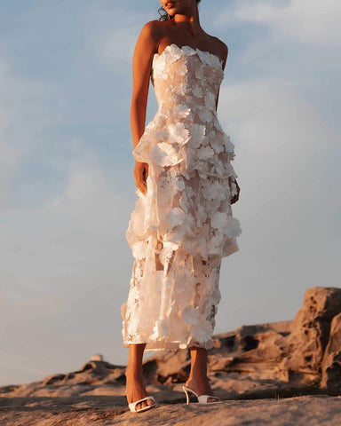 Women’s White Strapless 3D Floral Embroidered Tiered Maxi Dress