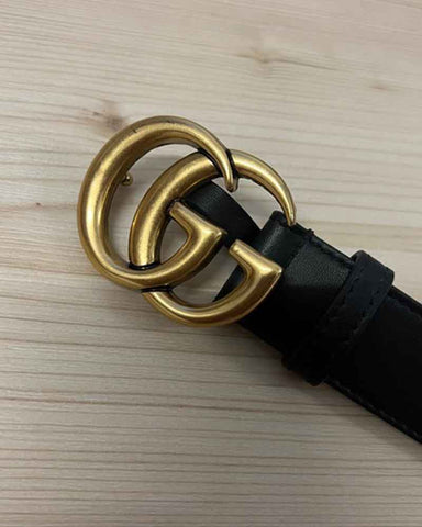 Women's Black Smooth Leather Belt with Brass Double G Buckle