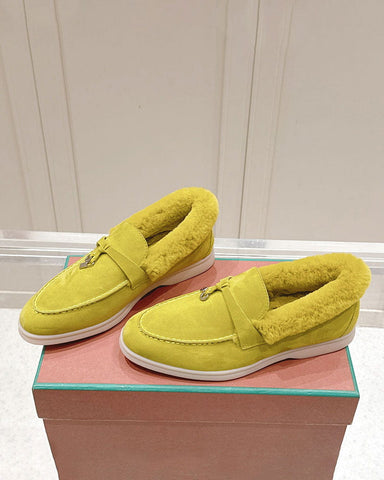 Suede and Shearling Fur Charms Walk Loafers