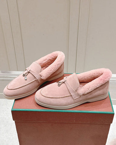 Suede and Shearling Fur Charms Walk Loafers