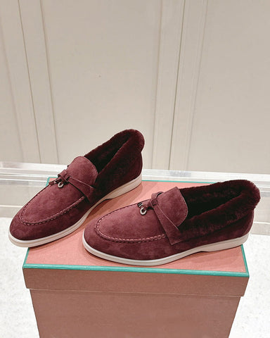 Suede and Shearling Fur Charms Walk Loafers