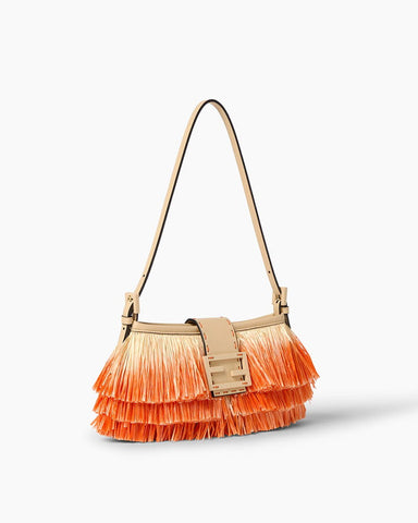 Tiered Raffia-Effect Fringe Shoulder Bag