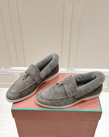 Suede and Shearling Fur Charms Walk Loafers