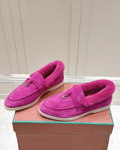 Suede and Shearling Fur Charms Walk Loafers