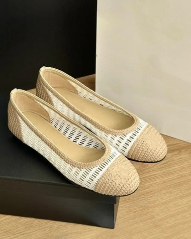 Women's Round-Toe Woven Raffia Open-Knit Ballet Flats