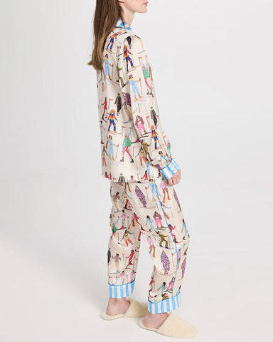 Retro Skier Illustration Long Sleeve Sleepwear with Striped Trim