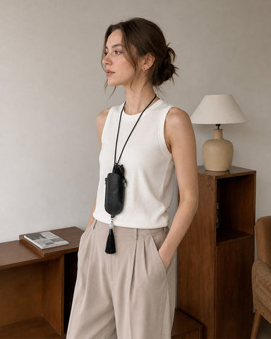 Leather Eyeglass Case Necklace with Tassel Detail