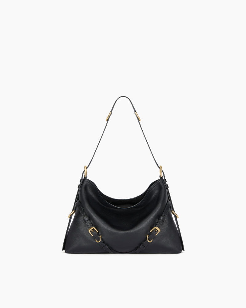 Slouchy Black Shoulder Handbag with Buckle Straps