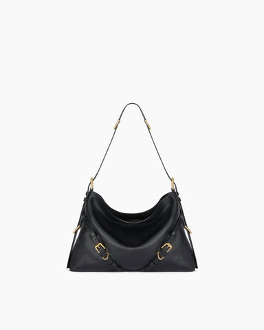 Slouchy Black Shoulder Handbag with Buckle Straps
